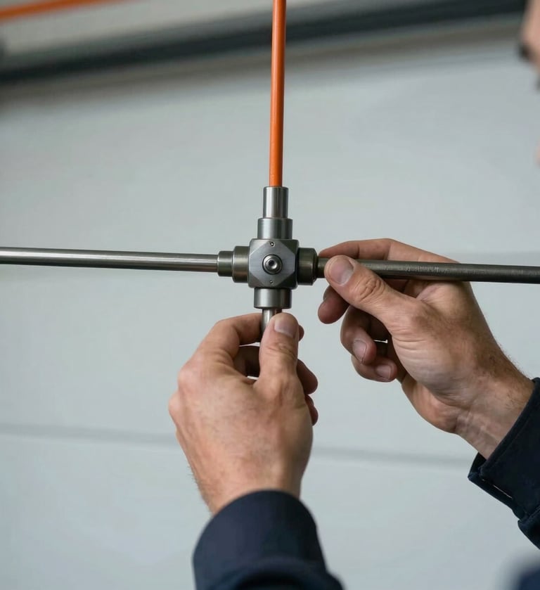 Technician's hands adjusting a garage door tension rod, macro shot, natural daylight, sharp focus, industrial setting, high-contrast cool tones with orange accents, authentic industrial photography, 35mm lens.