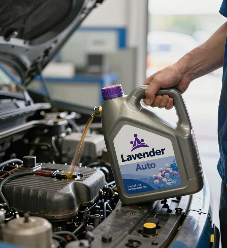 A mechanic pouring Lavender Auto synthetic motor oil into a car engine during a routine oil change service.