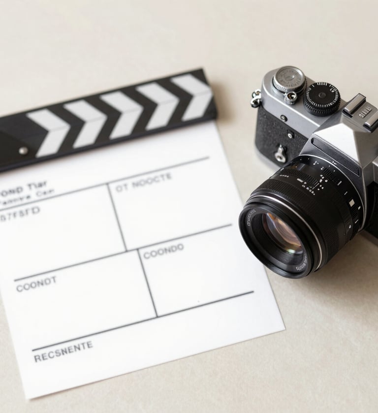 A top-down view of an elegantly styled film storyboard and a vintage camera on a #F7F5F0 surface. Soft #6E6D74 shadows and #CFC7BB accents provide a sophisticated, professional look.