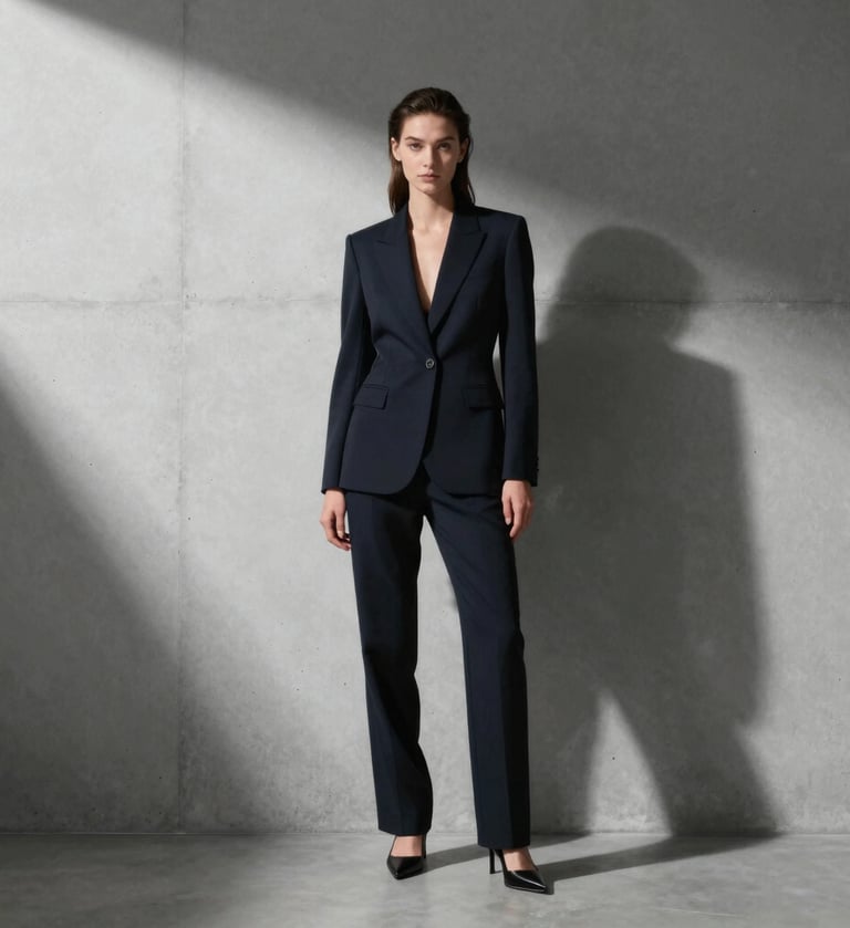 A high-resolution cinematic still from a fashion film. A model stands against a minimalist concrete wall, illuminated by a sharp beam of light reflecting #F2F5F7 tones. The composition is clean, modern, and high-contrast, featuring sophisticated shadows in #1A1A1A.