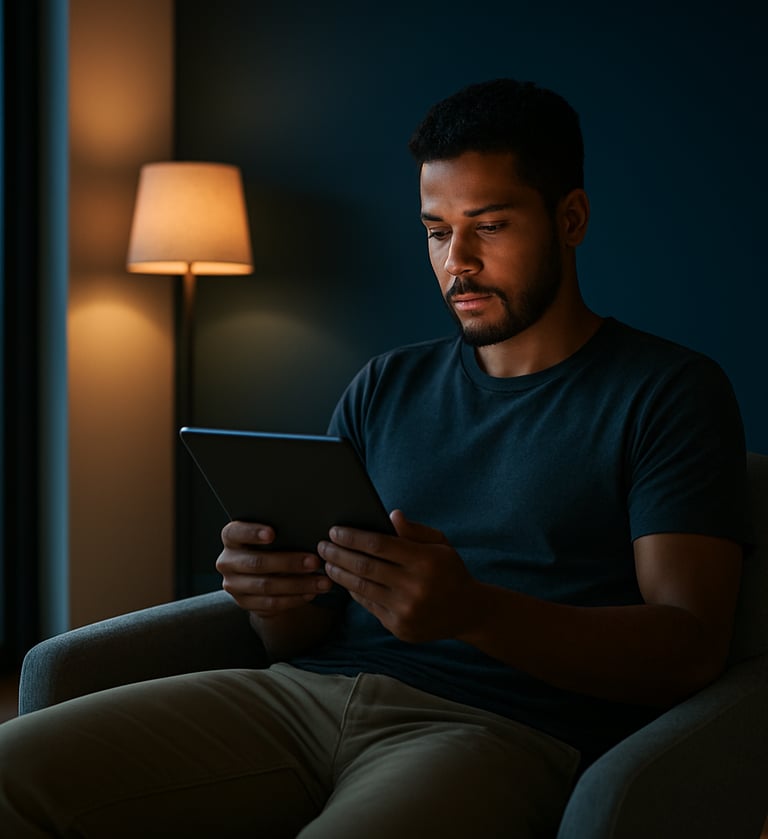 A person in a modern apartment in Brazil sitting on a light grey chair reading on a tablet, deep blue wall backdrop, warm interior light contrasting with steel blue shadows.