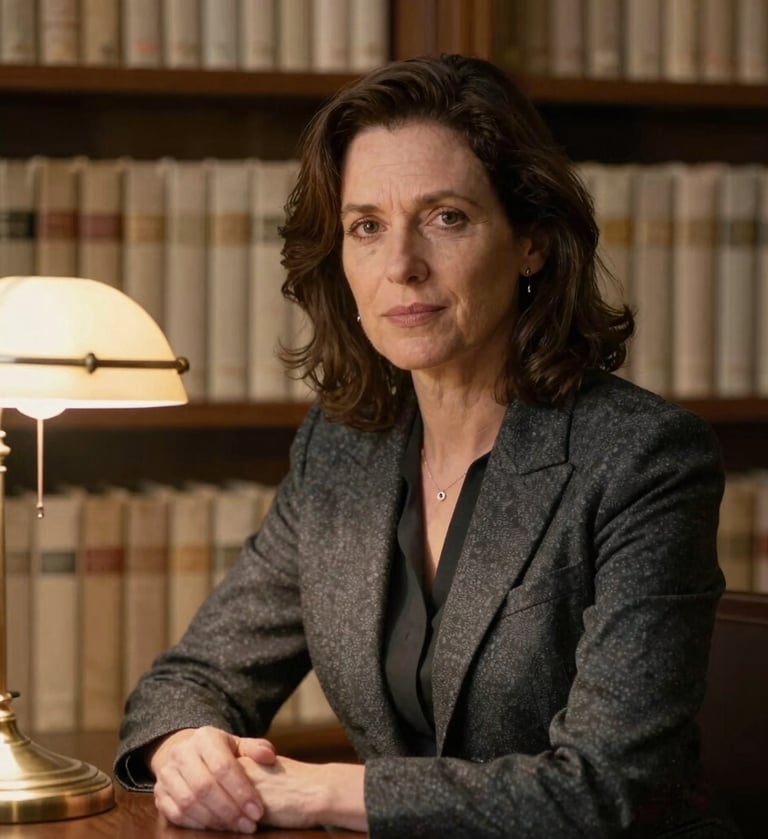 A scholarly portrait of a researcher in a charcoal blazer, sitting in a dimly lit library. Soft antique gold lighting from a desk lamp illuminates her thoughtful expression. In the background, rows of cream-colored books line the walls.