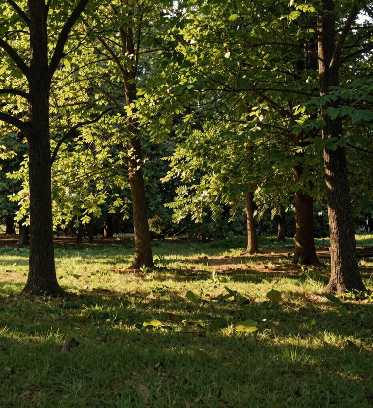 A serene vertical photograph of a sun-drenched forest clearing in a North American park. The lighting is soft and golden, highlighting medium forest green leaves and earth brown trunks. Minimalist and clean composition.
