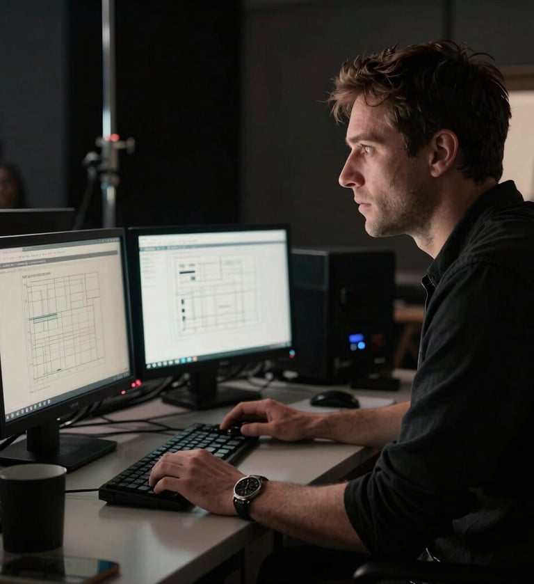 A sophisticated cinematic still of a professional film director looking at monitors on a North American / US film set, rich black shadows and sharp off-white highlights, dramatic film noir lighting.
