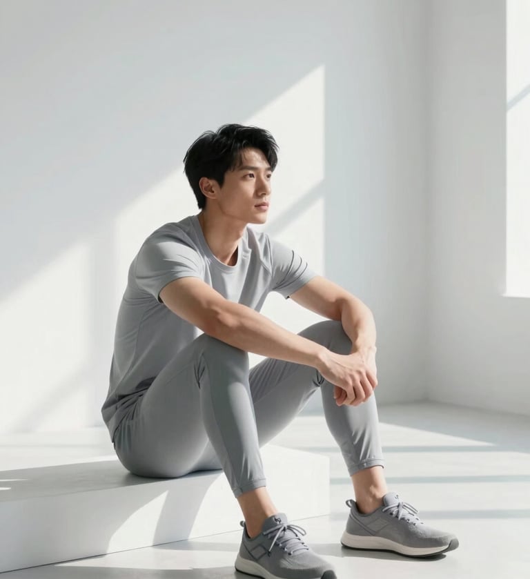A man in high-quality, minimalist athletic wear sitting in a calm, sun-drenched modern studio, reflecting on a workout. The composition is clean and spacious, using a palette of #F9FAFB and soft greys to convey serenity and focus.