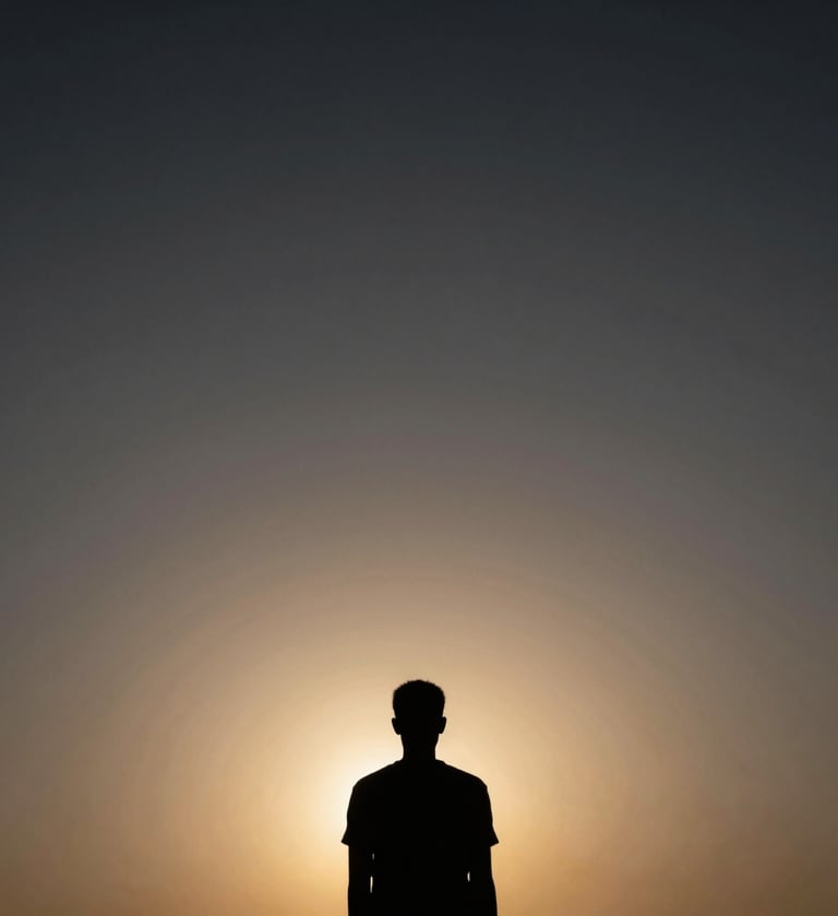Cinematic photography of a filmmaker's silhouette against a dramatic sunset in Luanda, Angola. The sky is a blend of dark grey and deep black with subtle gold light. Minimalist composition, high contrast style.