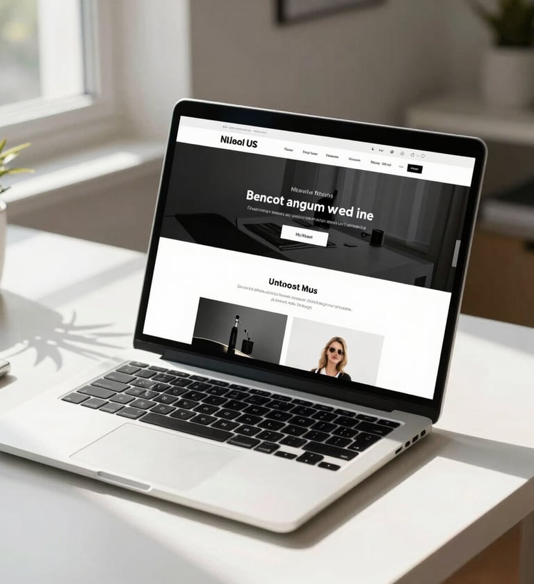 A high-end laptop open on a clean white desk in a sunlit North American / US home office, displaying a minimalist website design with black and white accents.
