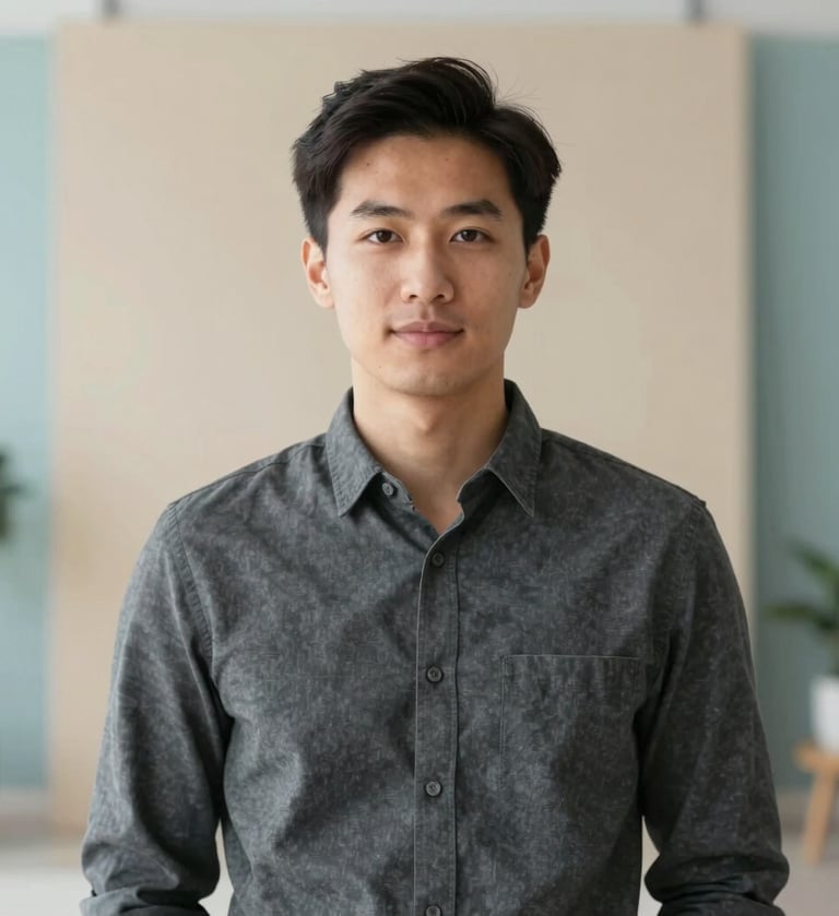A minimalist and sophisticated portrait of a creative professional in a Charcoal shirt, standing in a bright, modern studio with Soft Sand walls and subtle Teal Blue accents in the background.