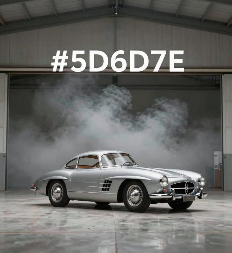 Wide shot of a vintage aircraft hangar with a silver 300SL in the center. Atmospheric #5D6D7E smoke in the background. Premium and exclusive atmosphere.
