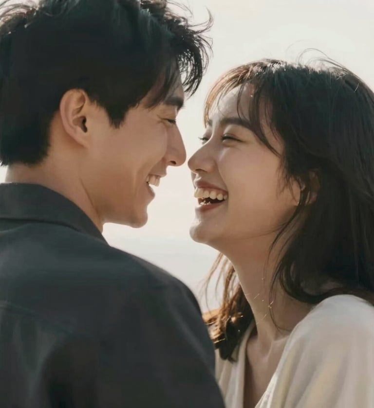 An intimate, close-up shot of a couple laughing, with sunlight filtering through their hair. Minimalist aesthetic, focusing on the emotion and warmth. Colors include soft cream (#F8F4F0) and deep charcoal (#2C2B29).