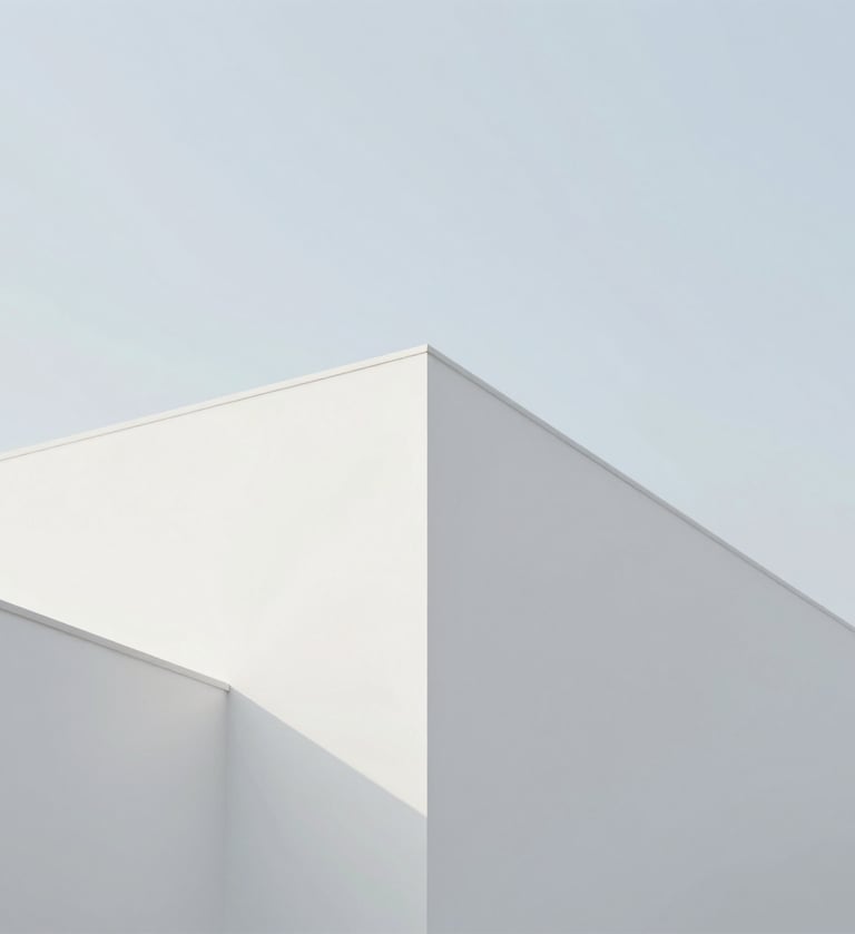 Minimalist architectural photography. A sharp corner of a white building against a soft #D0D5DB sky, clean lines, professional photography, contemporary aesthetic.