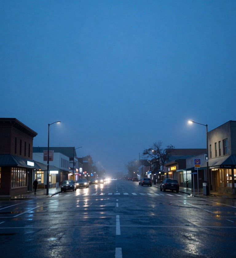 A wide-angle street photography shot of a busy intersection at twilight. The sky is a deep steel blue, and the wet pavement reflects pale fog and muted blue lights from storefronts. Minimalistic composition in a Western city setting.