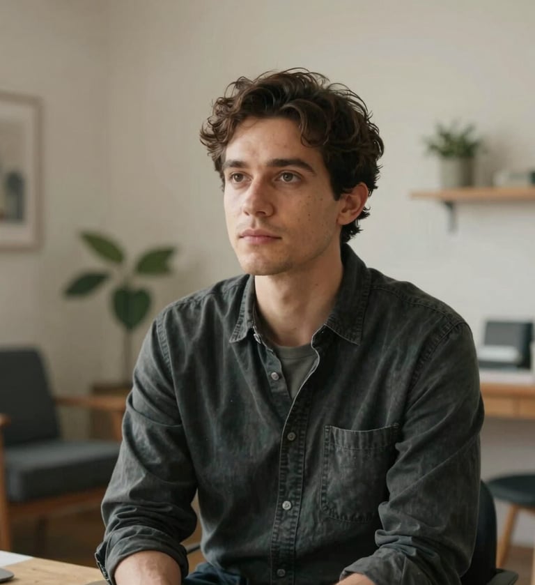 A professional portrait of a creator in a North American creative studio. The subject is looking thoughtfully off-camera, surrounded by a warm, cozy atmosphere with off-white walls and charcoal furniture.