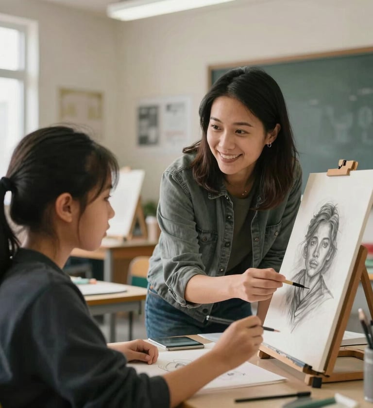 A professional portrait of an art teacher and a student discussing a charcoal drawing in a North American / US high school art room. The teacher is smiling, offering encouragement. The composition is balanced with soft natural light hitting the artistic workspace.
