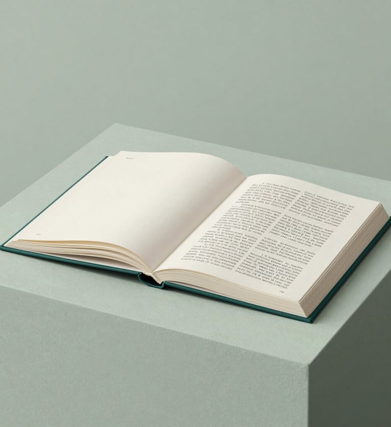 Minimalist editorial photograph of an open art book on a pale green stone plinth. The composition is clean and understated, emphasizing refined typography and intellectual content. Palette includes sage, cream, and deep teal.