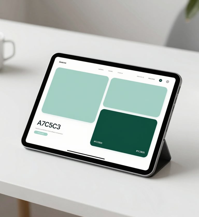 A minimalist and sophisticated brand identity overview. The composition features a clean white desk with a high-resolution tablet showing a sleek, modern UI. The color palette includes soft teals (#A7C5C3) and deep greens (#1C2826). The lighting is bright and natural, creating a professional and calm atmosphere.