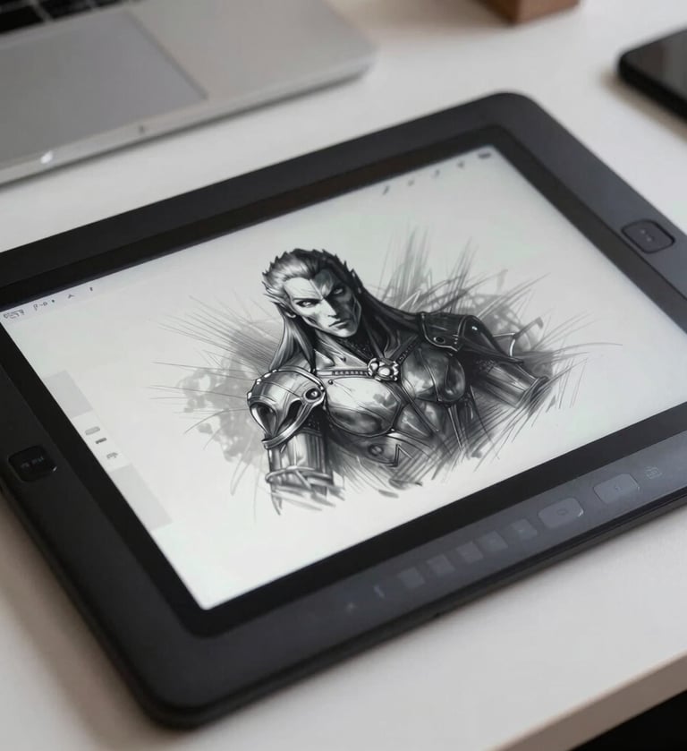 A close-up photograph of a professional digital drawing tablet in a modern North American / US studio setting. The screen shows a sophisticated character sketch in silver grey and charcoal black. The lighting is neutral and soft, highlighting the minimalist workspace.