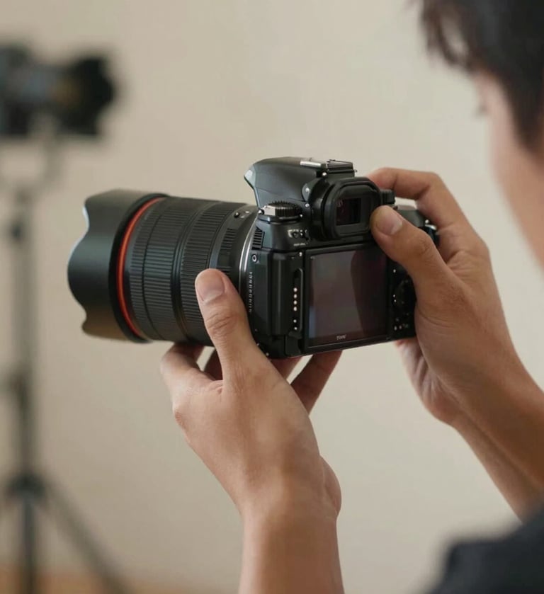 Hands of a photographer adjusting a vintage lens, warm soft lighting, shadows in #4C4A48, professional yet intimate atmosphere of a fine art studio session.