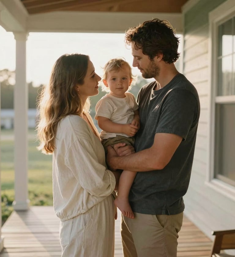 A cinematic, intimate portrait of a couple holding their toddler on the wooden porch of a North American / US home. Warm, sun-drenched lighting with soft lens flares, featuring charcoal and off-white textures in their casual clothing.