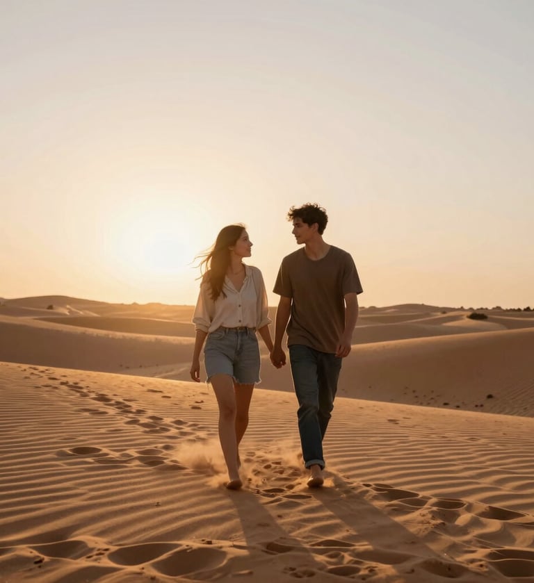 Cinematic photography of a young couple walking through the sand dunes of Valencia during golden hour sunset. Warm sand and light terracotta tones. Soft sun flare, nostalgic and deeply intimate atmosphere, Spain / Southern Europe.