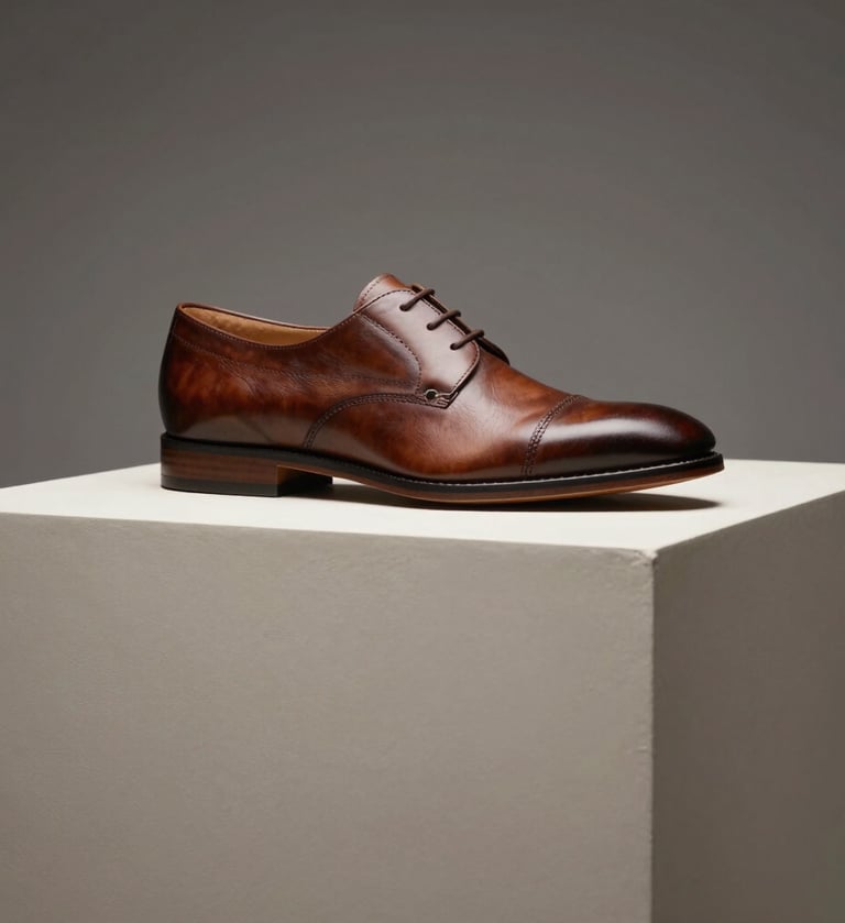 Professional studio photography of a high-end luxury leather shoe on a soft off-white pedestal. Minimalist setting in a Turkish / Istanbul studio. Soft lighting with charcoal gray shadows creating a premium aesthetic.