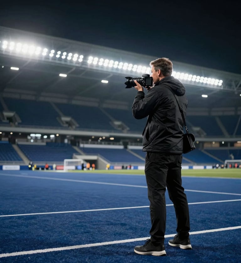A professional sports photographer with a camera standing on the edge of a dark blue stadium pitch at night. Bright floodlights create a rim light effect, black and slate blue tones, Western / International.