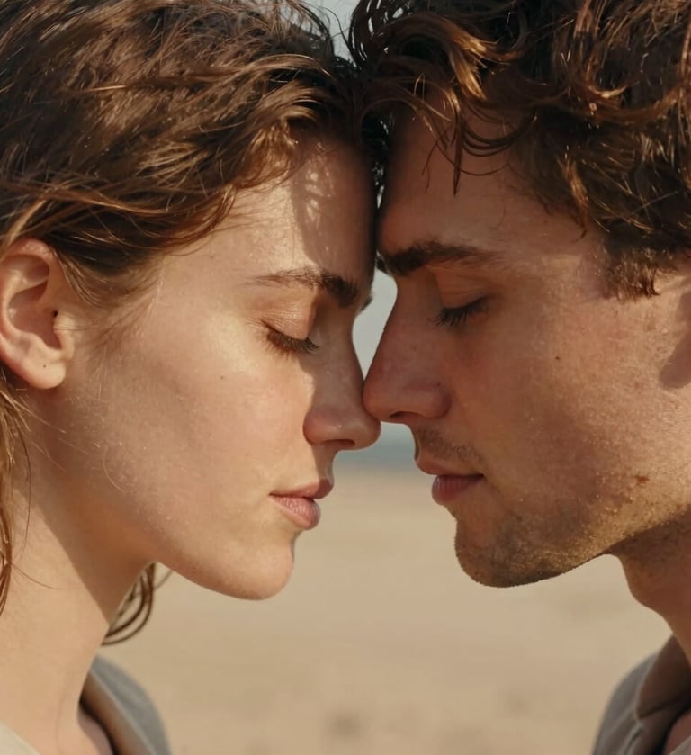 A close-up portrait of a couple leaning their foreheads together, eyes closed, in a sun-drenched outdoor setting. The light is warm and golden, highlighting the texture of their hair and skin. Style is intimate and cinematic, with a soft sand and terracotta color palette.
