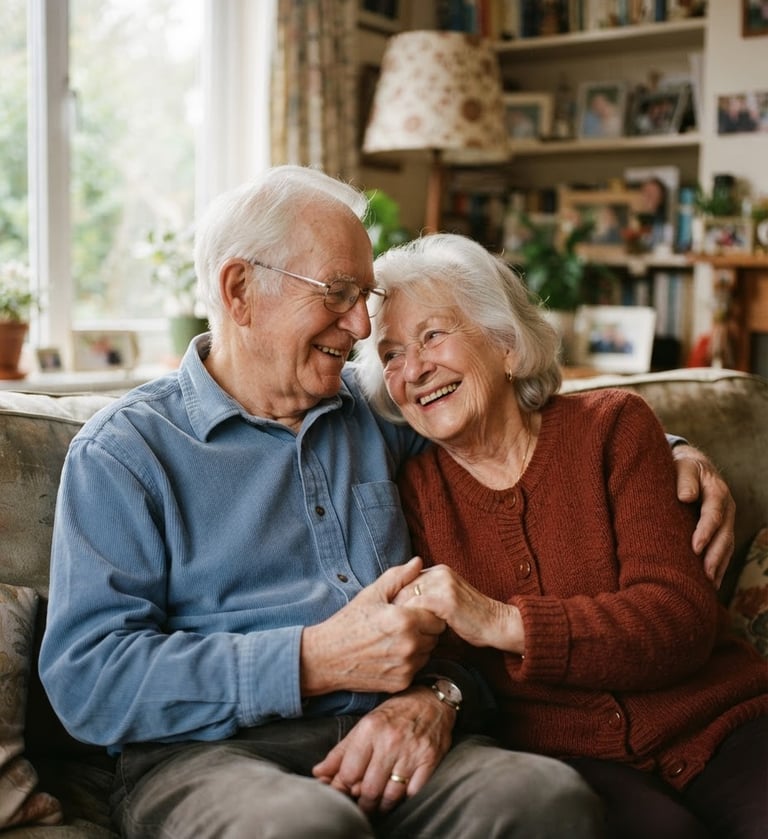 A warm, authentic portrait of an elderly couple smiling with relief in their cozy living room, soft natural window light, shallow depth of field, 35mm photography