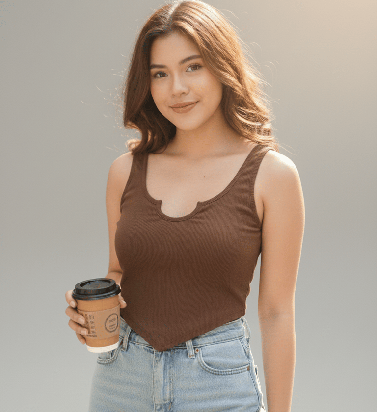 a woman in a brown tank top and jeans