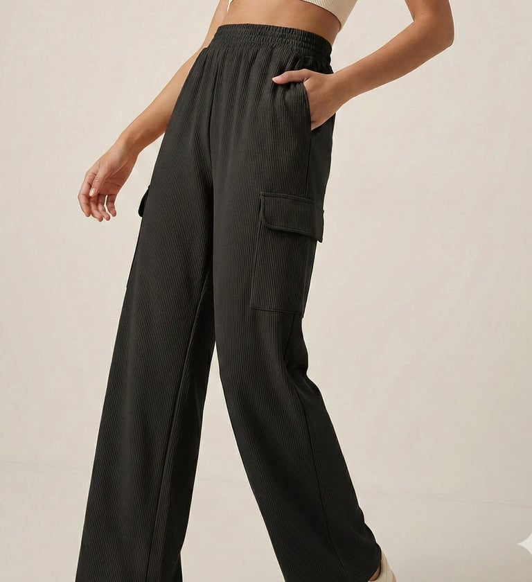 a woman in a cropped top and pants with a cropped top