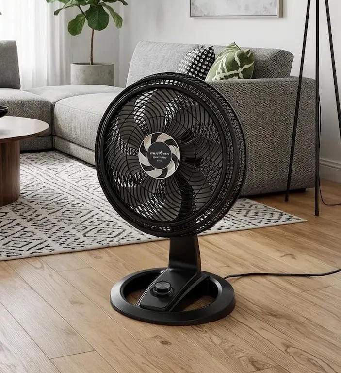 Black Britannia floor fan on a wooden floor in a modern living room setting.