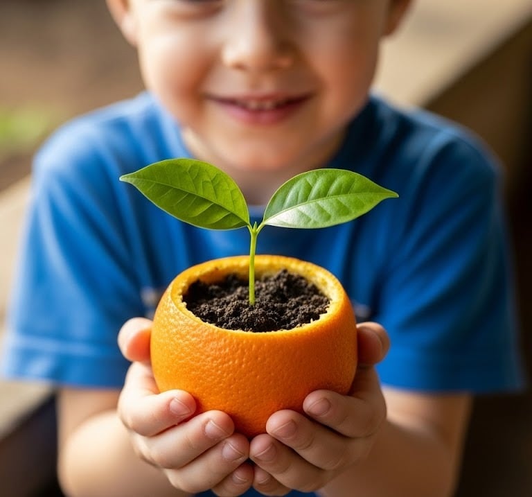 Niño aprendiendo biodiseño en escuela con maceta de naranja.