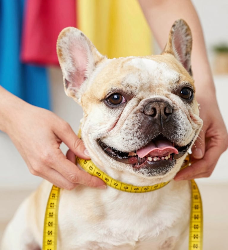 Una persona mide el cuello de un Bulldog Francés con una cinta métrica amarilla