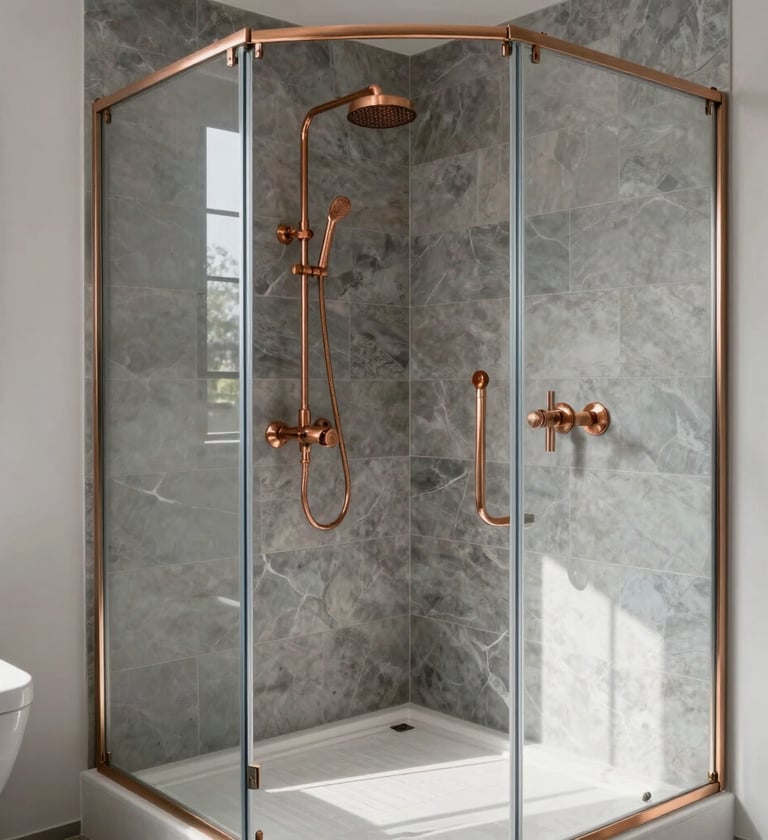 A professional high-end bathroom renovation showing a walk-in shower with grey slate tiles and elegant copper fittings, bright natural light, Northeastern France / Grand Est.