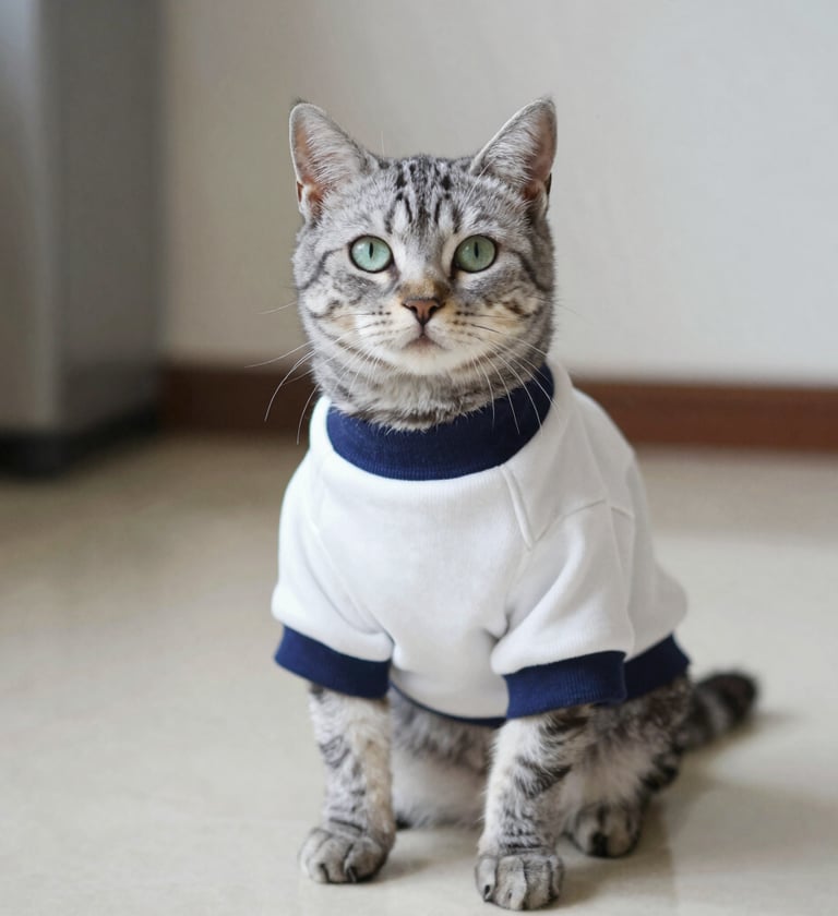 Gato atigrado gris con ojos verdes, de cuerpo completo, usando una sudadera blanca con azul marino.