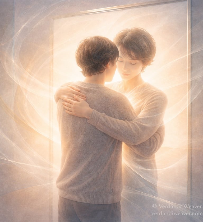 reflection gently hugs back, symbolizing integration, self-connection, we are mind, body, soul, and 