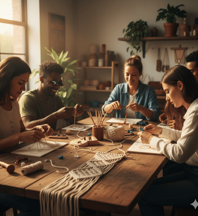 Grupo diverso de personas en un taller de macramé elaborando tapices artesanales y anudando cuerdas