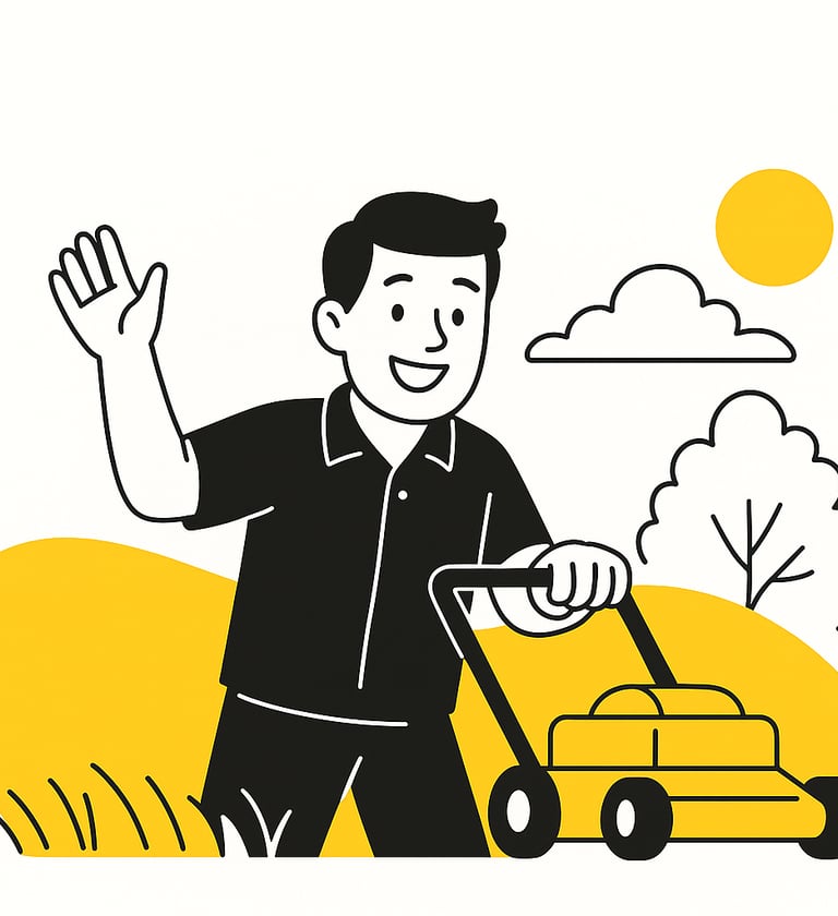a man in a black shirt is holding a yellow lawn mower