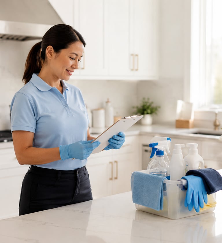 Professional house cleaner in uniform reviewing a checklist next to cleaning supplies in a modern kitchen.