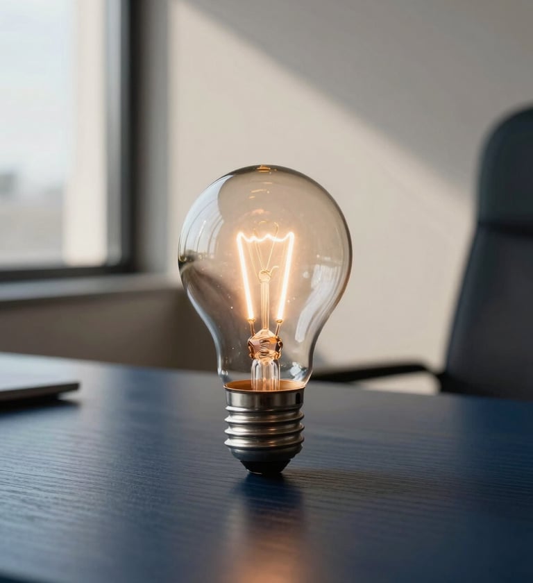 A glowing incandescent light bulb standing on a blue office desk symbolizing a bright idea.
