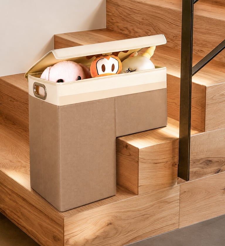 Space-saving stair basket for hidden staircase storage