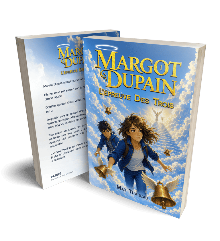 Mockup broché recto verso du Livre 1 de la saga La Guerre du Conte : Margot Dupain - L'épreuve des Trois - Fantasy jeunesse