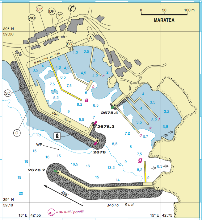 Mappa nautica dettagliata del porto di Maratea che mostra la profondità delle acque, i frangiflutti 