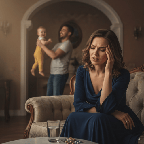 a woman with a headache sitting on a couch