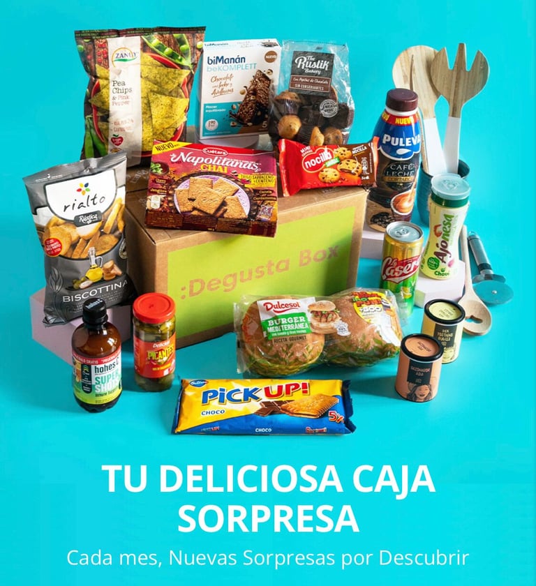 a box of food and snacks on a blue background