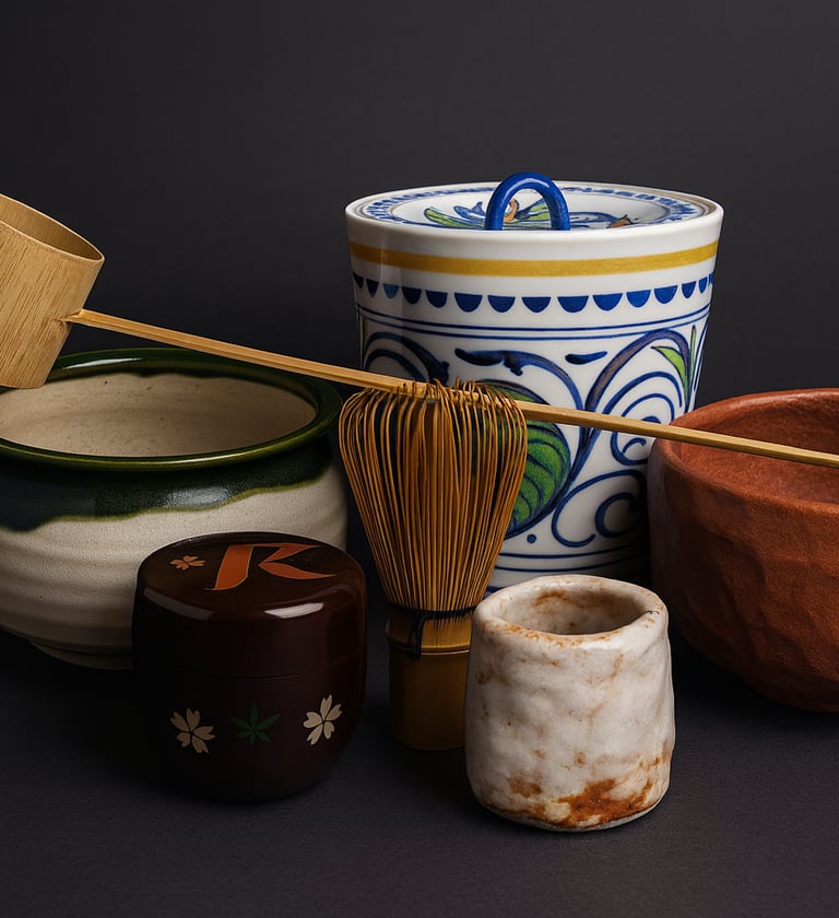 alt="Hochwertiges japanisches Teeset für Matcha mit handgefertigten Teeschalen, Bambusbesen, Teeschö