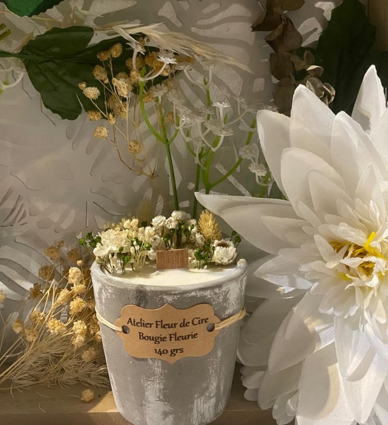 Bougie fleurie avec mèche en bois, Bougie décorative mèche bois et fleurs,