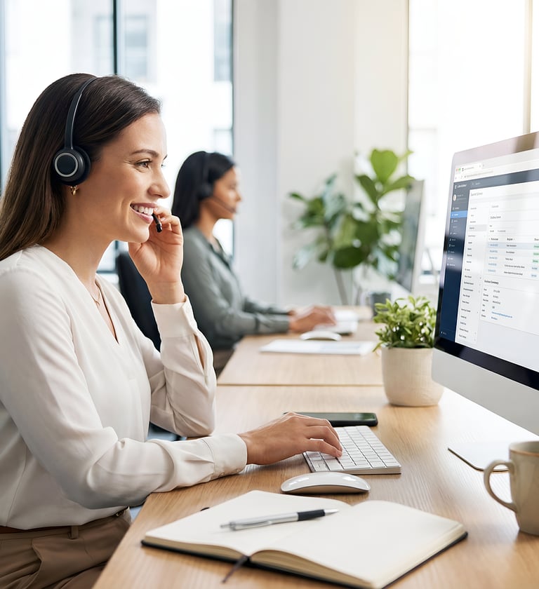 Smiling customer service representative with headset working on a computer in a modern office.