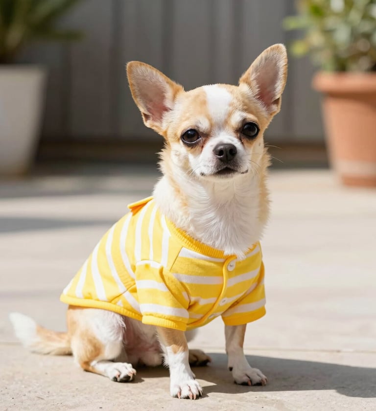 Un pequeño cachorro de chihuahua de color marrón claro y blanco, con una camiseta de perro a rayas