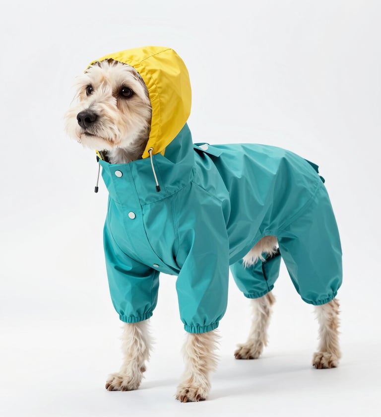 Perro pequeño blanco con un impermeable de color verde azulado con capucha amarilla